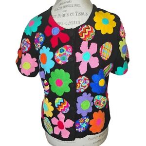 Vintage Michael Simon Floral Easter Egg Sweater Womens Large Black Cardigan
